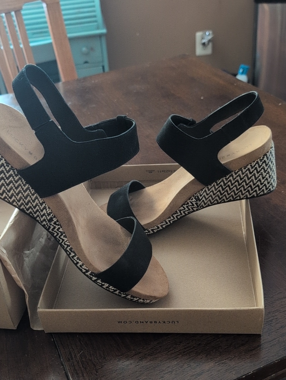 Lucky Brand Black Suede Wedge Sandals with Patterned Platform